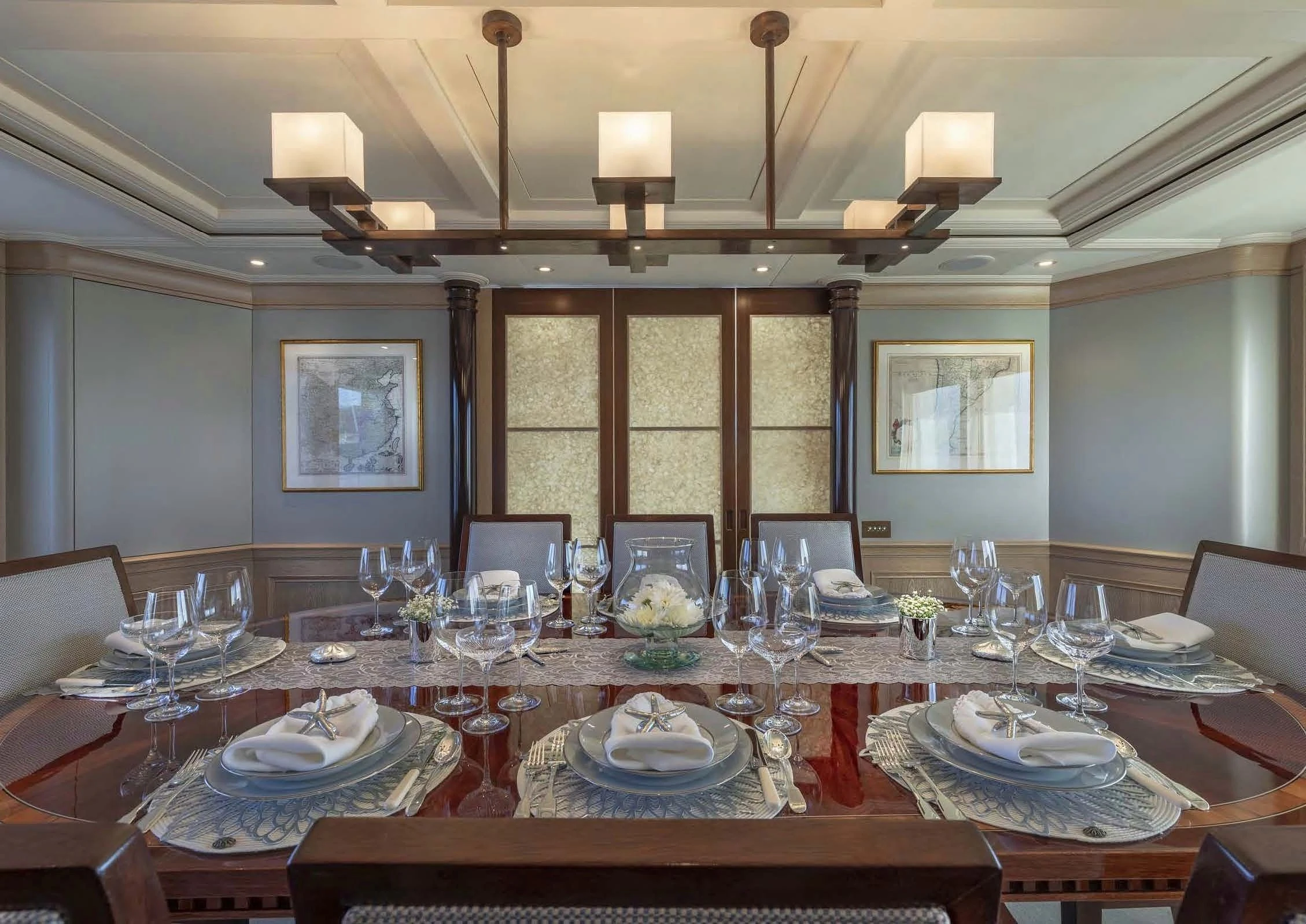 a large dining room table aboard FABULOUS CHARACTER Yacht for Charter