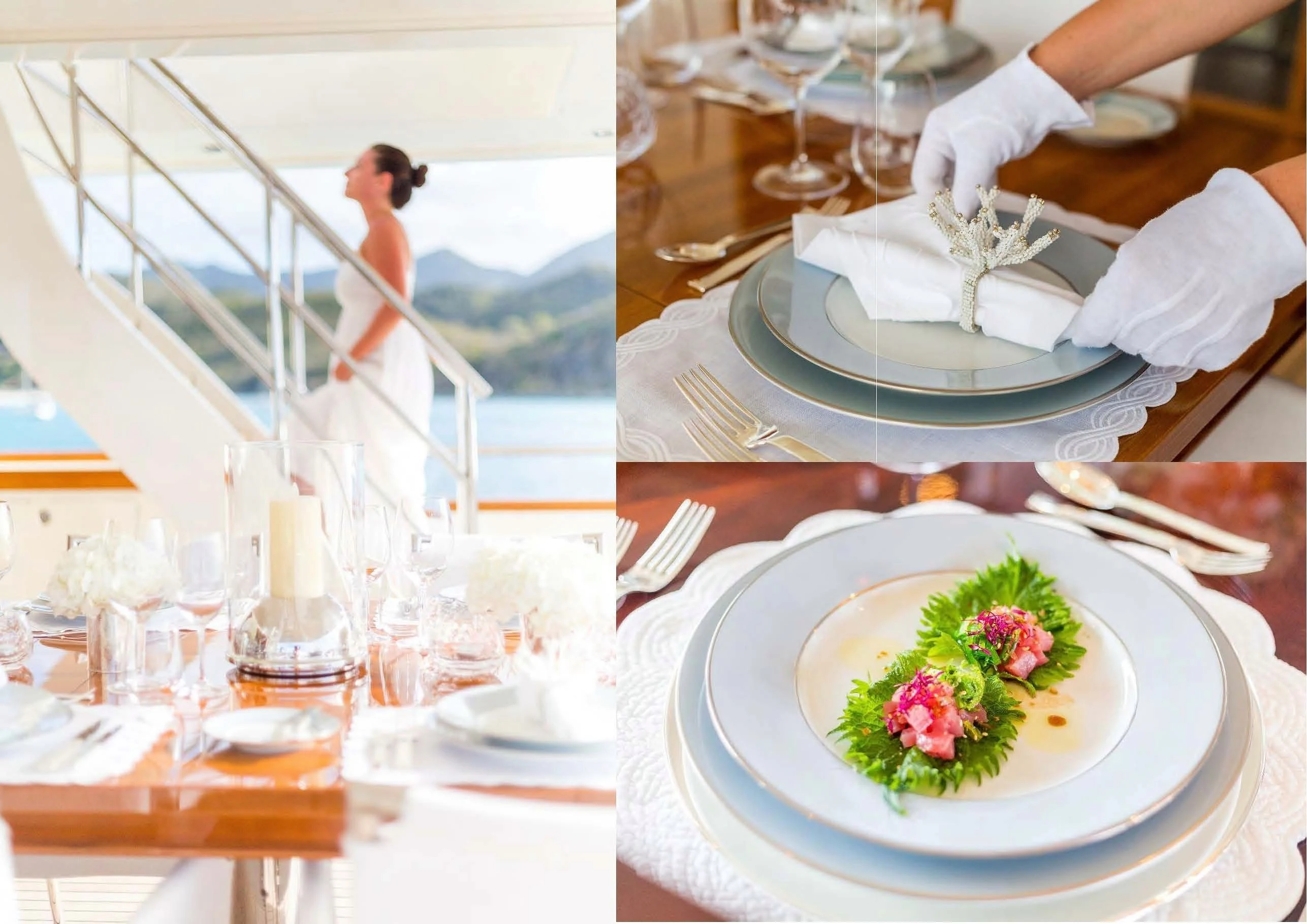 a table set with a wedding reception aboard FABULOUS CHARACTER Yacht for Charter