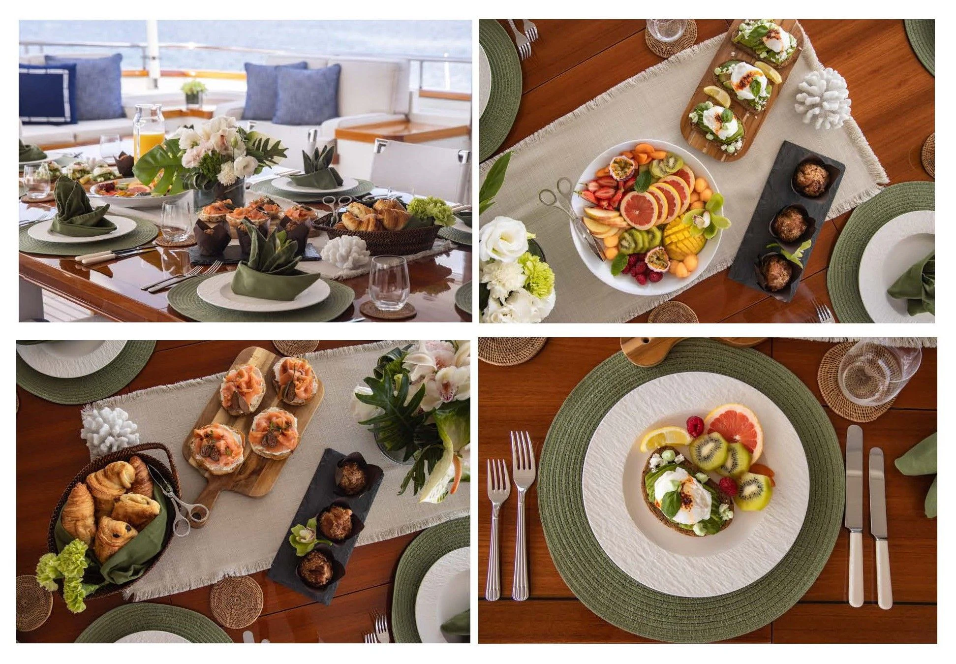 a table with plates and food on it aboard FABULOUS CHARACTER Yacht for Charter