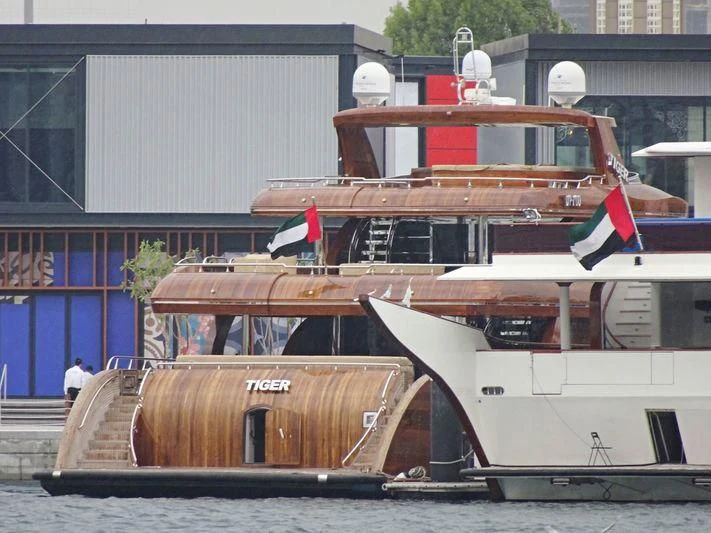a boat with a flag on the front aboard TIGER Yacht for Sale