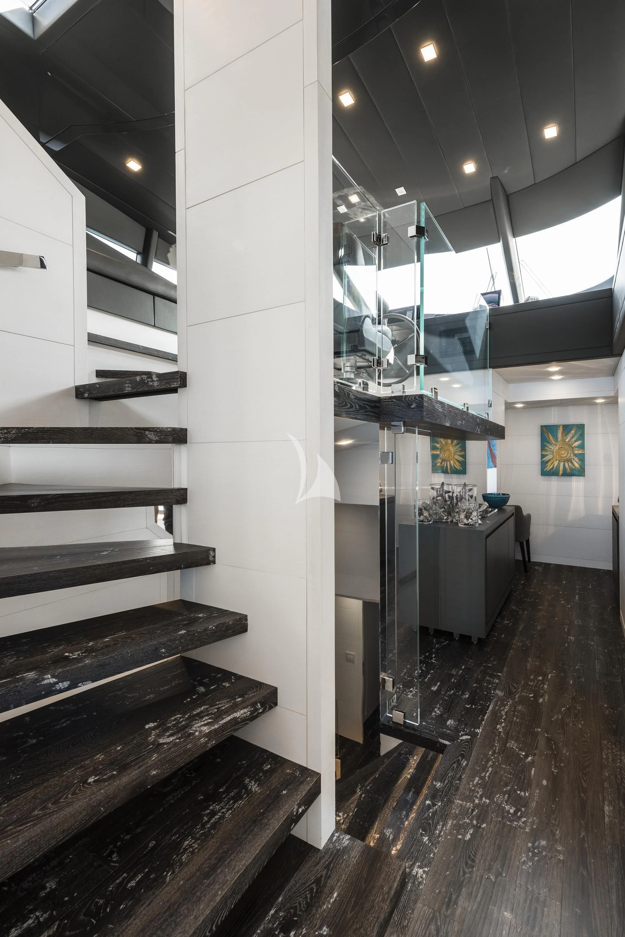 a staircase in a building aboard SANDS Yacht for Sale