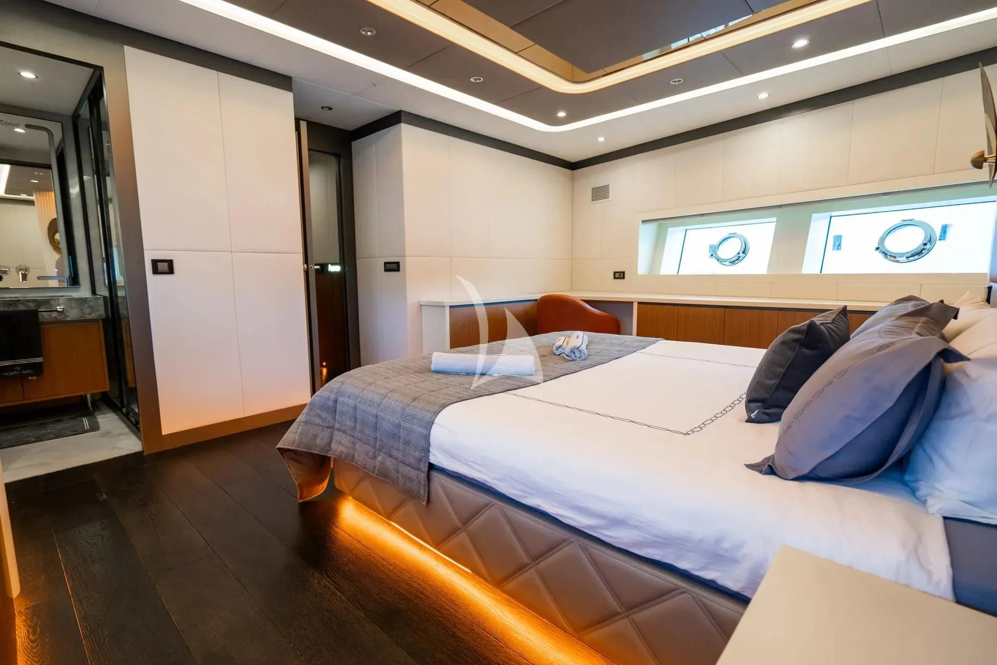 a room with two beds aboard NORTH WIND Yacht for Sale