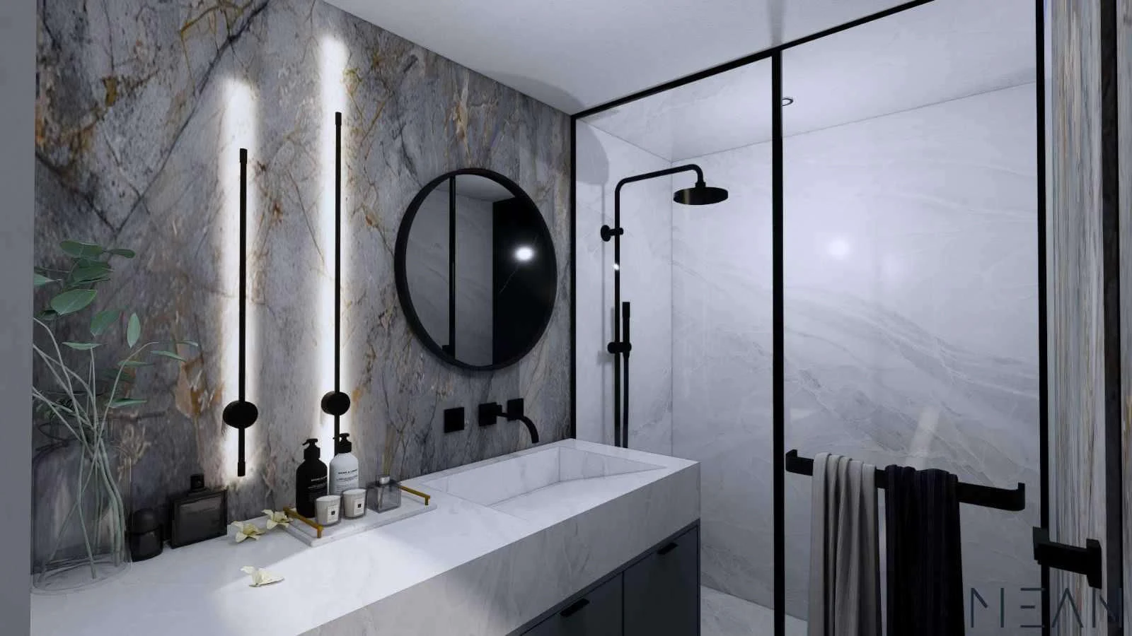 a bathroom with a large mirror aboard NORTH WIND Yacht for Sale