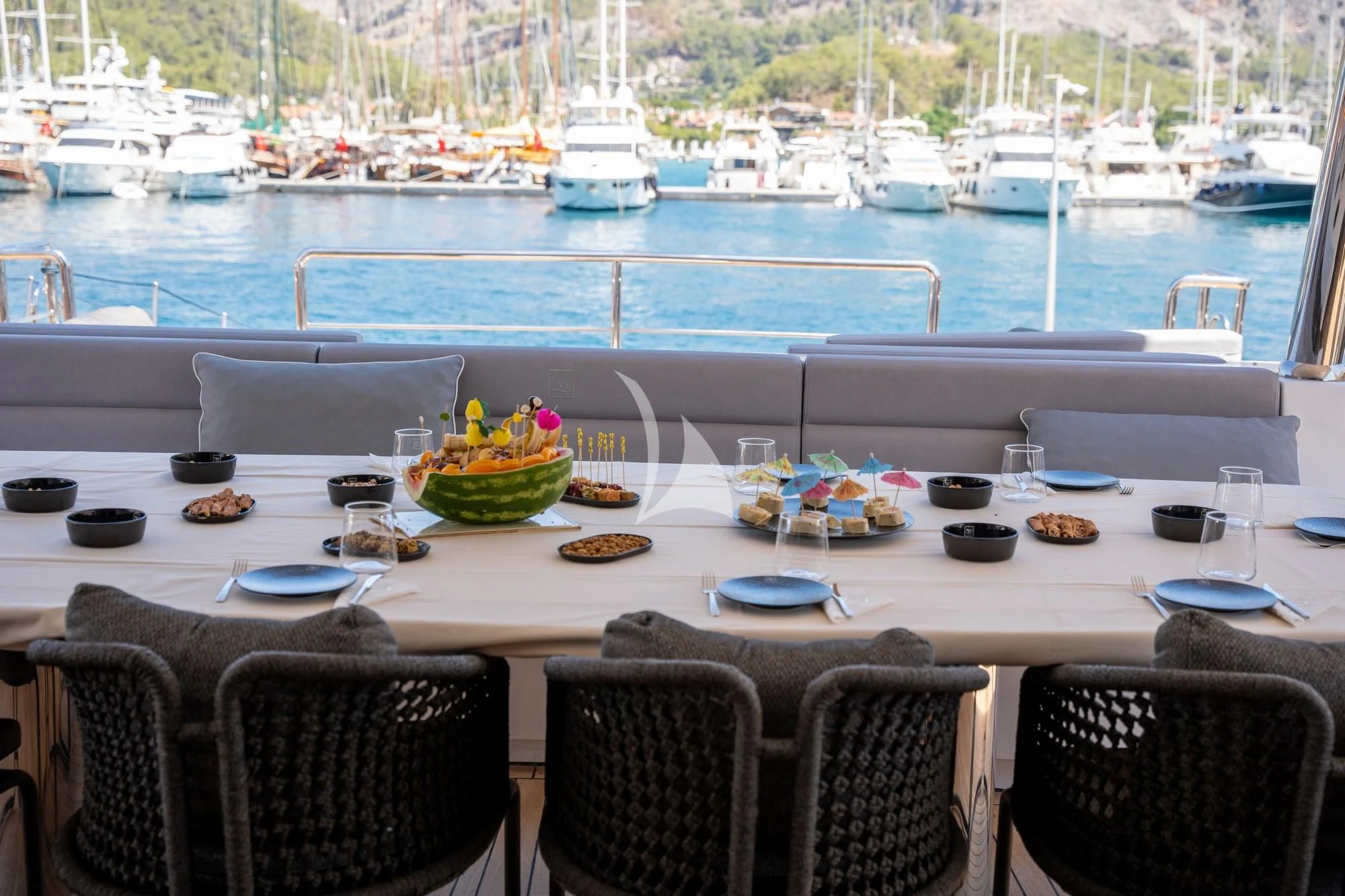 a table with food on it aboard NORTH WIND Yacht for Sale
