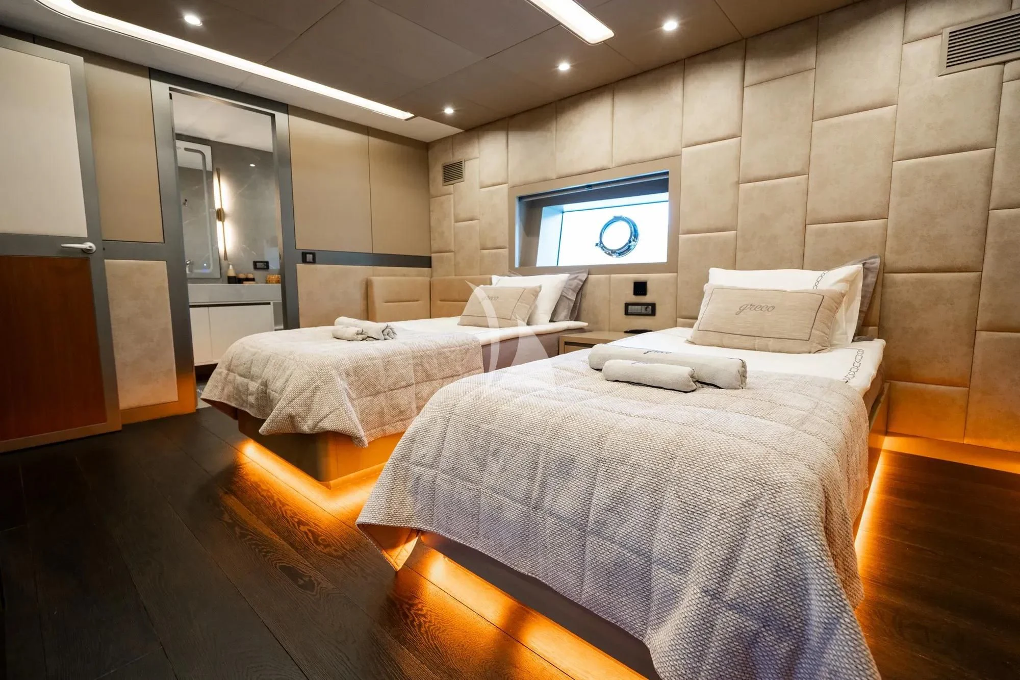 a room with two beds aboard NORTH WIND Yacht for Sale