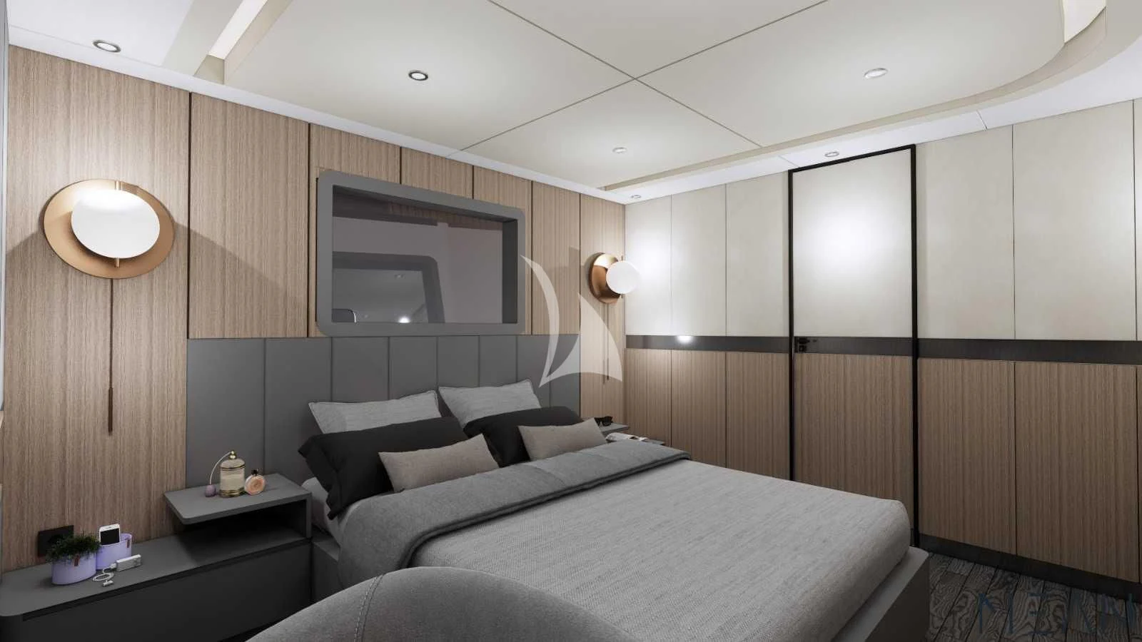 a room with a bed and a television aboard NORTH WIND Yacht for Sale