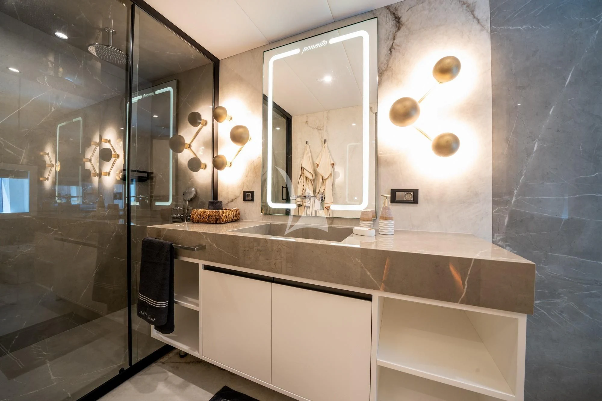a bathroom with a large mirror aboard NORTH WIND Yacht for Sale