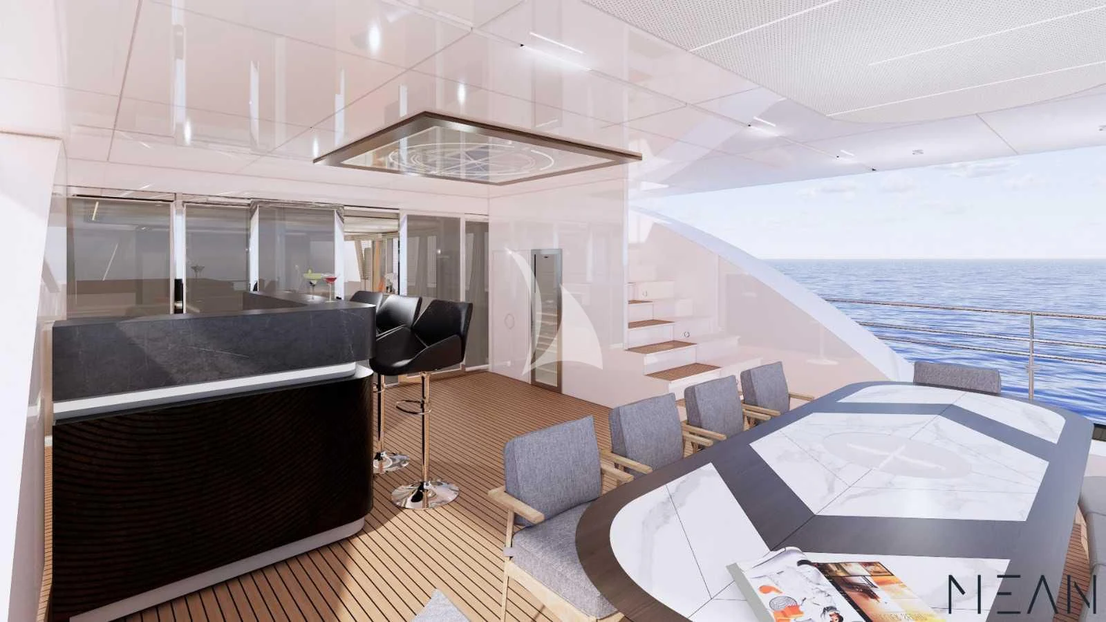 a room with a large balcony aboard NORTH WIND Yacht for Sale