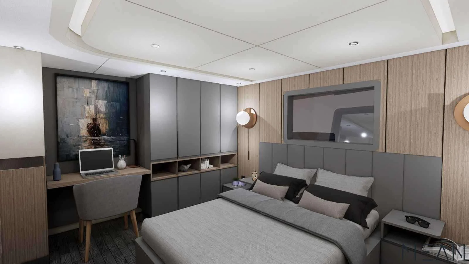 a bedroom with a bed and a desk aboard NORTH WIND Yacht for Sale