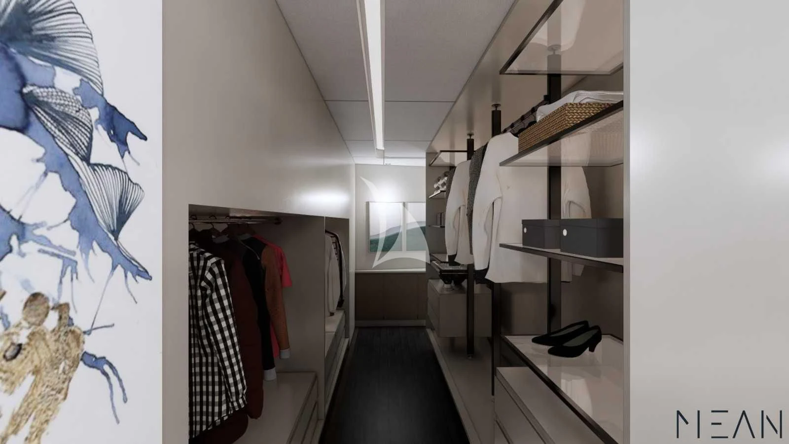 a room with a closet and shelves aboard NORTH WIND Yacht for Sale