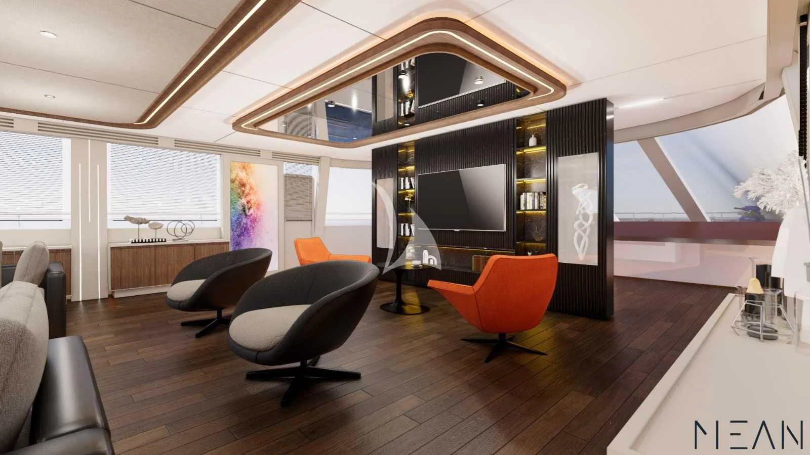 a room with a large mirror and a couch aboard NORTH WIND Yacht for Sale
