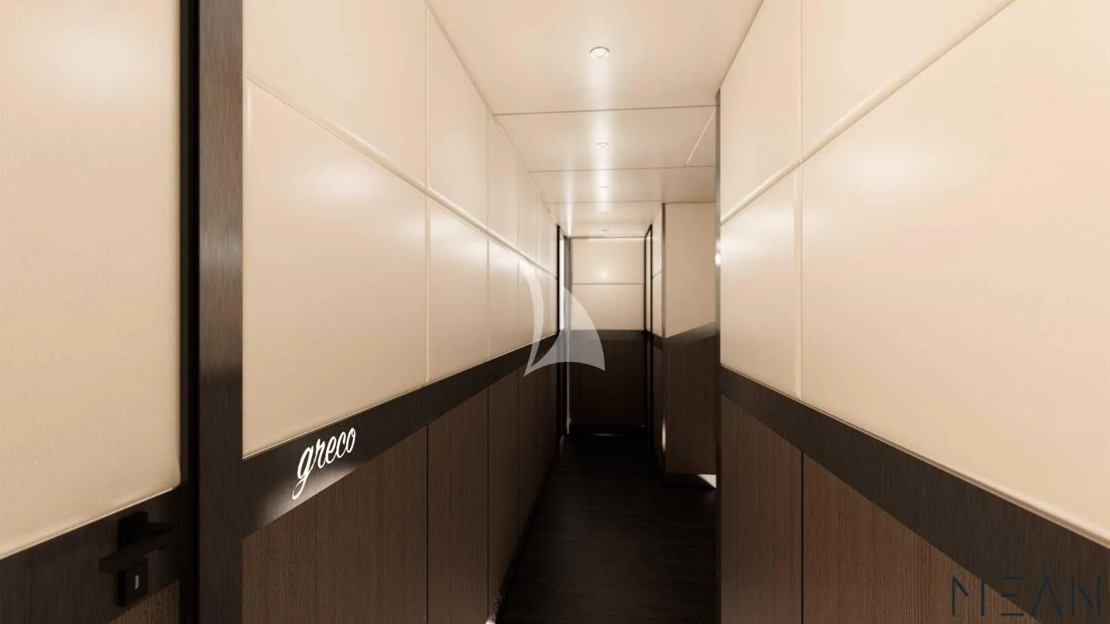 a hallway with white walls aboard NORTH WIND Yacht for Sale