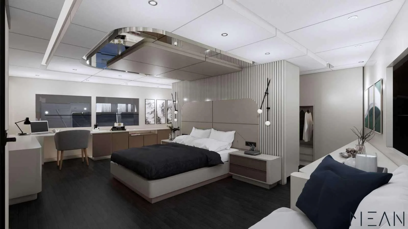 a bedroom with a large bed and desk aboard NORTH WIND Yacht for Sale
