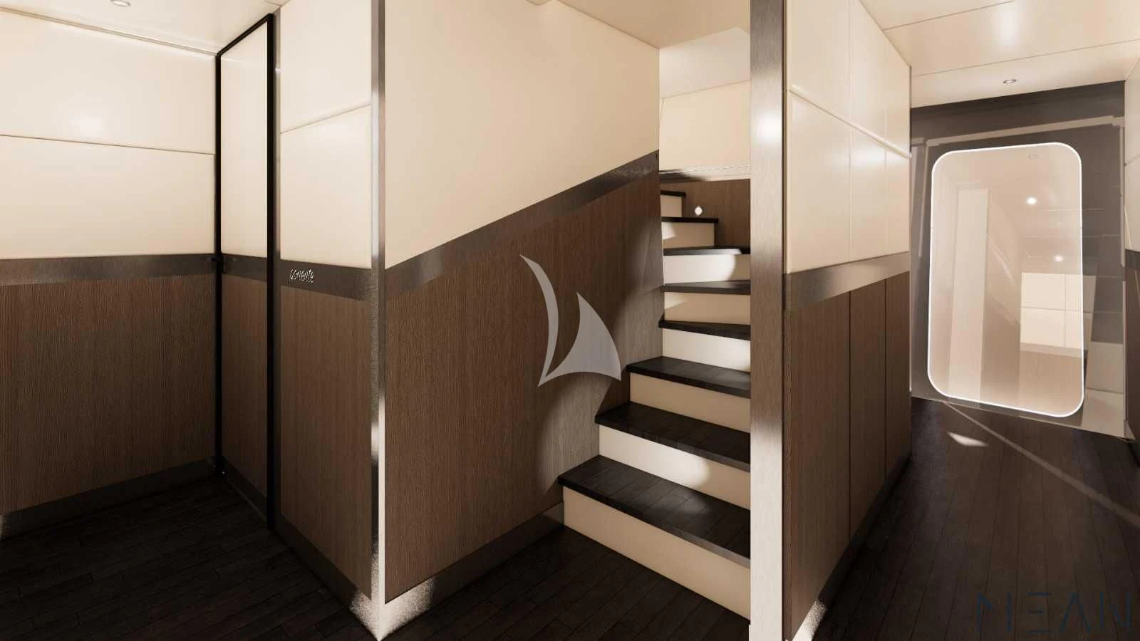 a room with a set of stairs aboard NORTH WIND Yacht for Sale