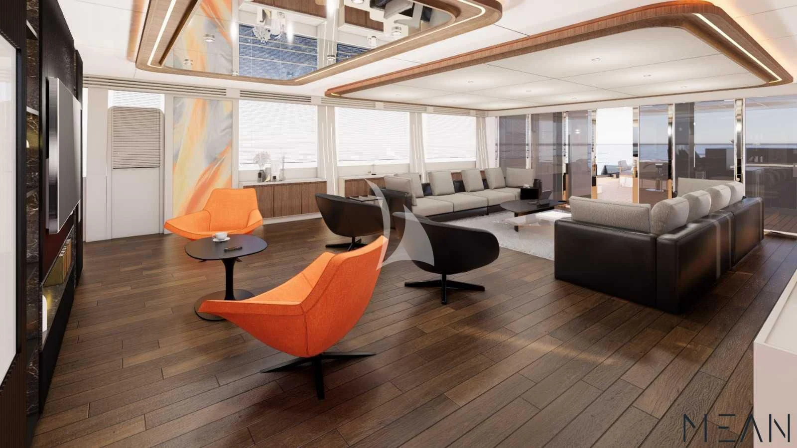 a living room with a large screen aboard NORTH WIND Yacht for Sale