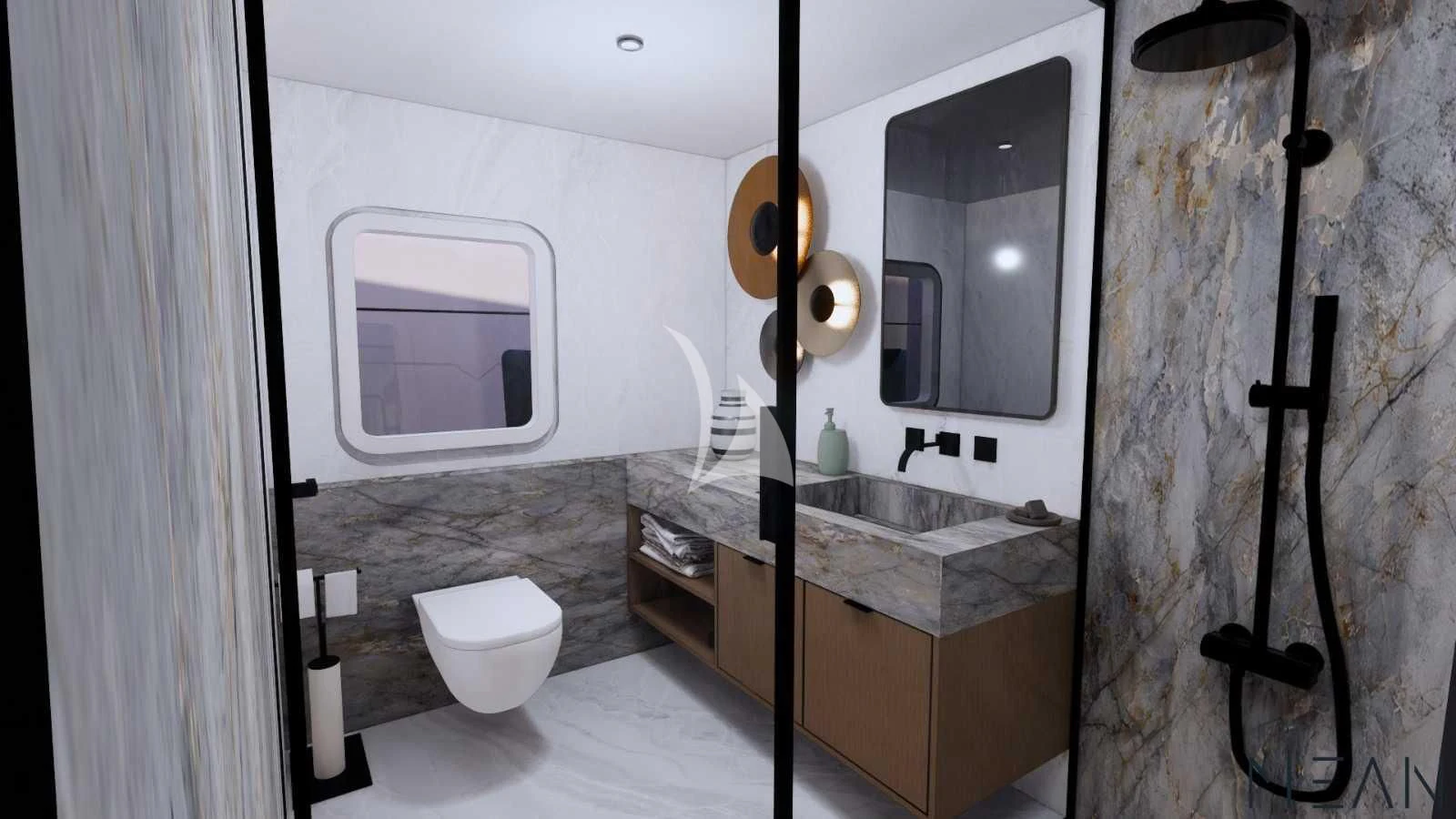 a bathroom with a tub sink and toilet aboard NORTH WIND Yacht for Sale