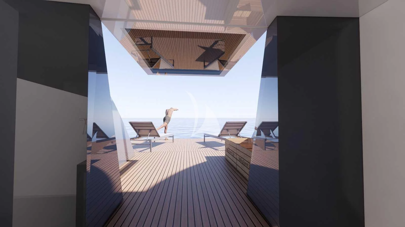 a room with a person sitting on a chair and a ceiling fan aboard NORTH WIND Yacht for Sale