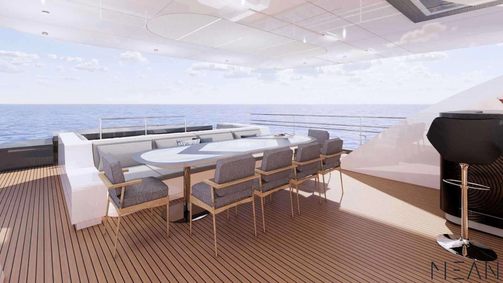 a room with a table and chairs aboard NORTH WIND Yacht for Sale