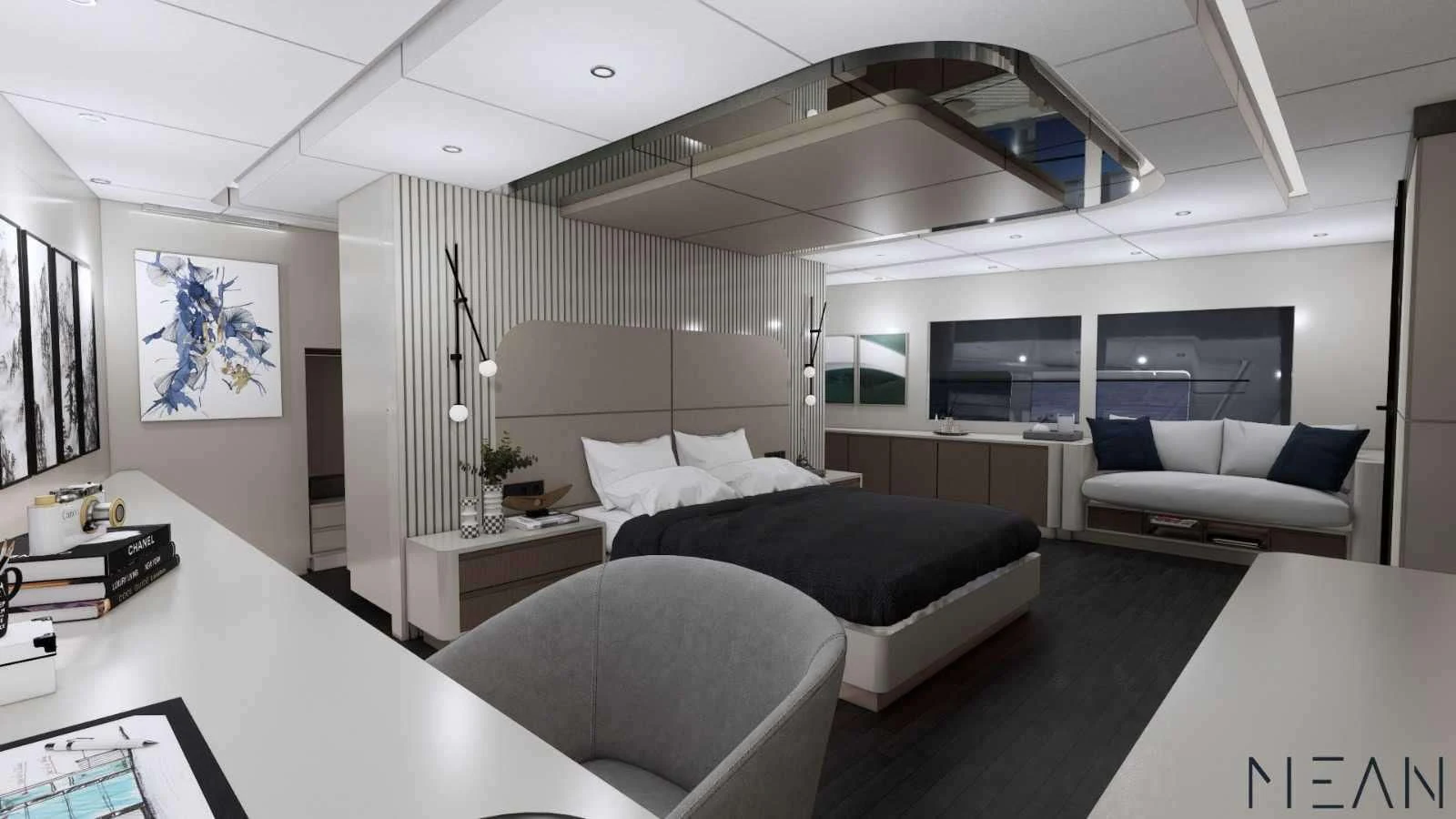 a room with a couch and a table aboard NORTH WIND Yacht for Sale