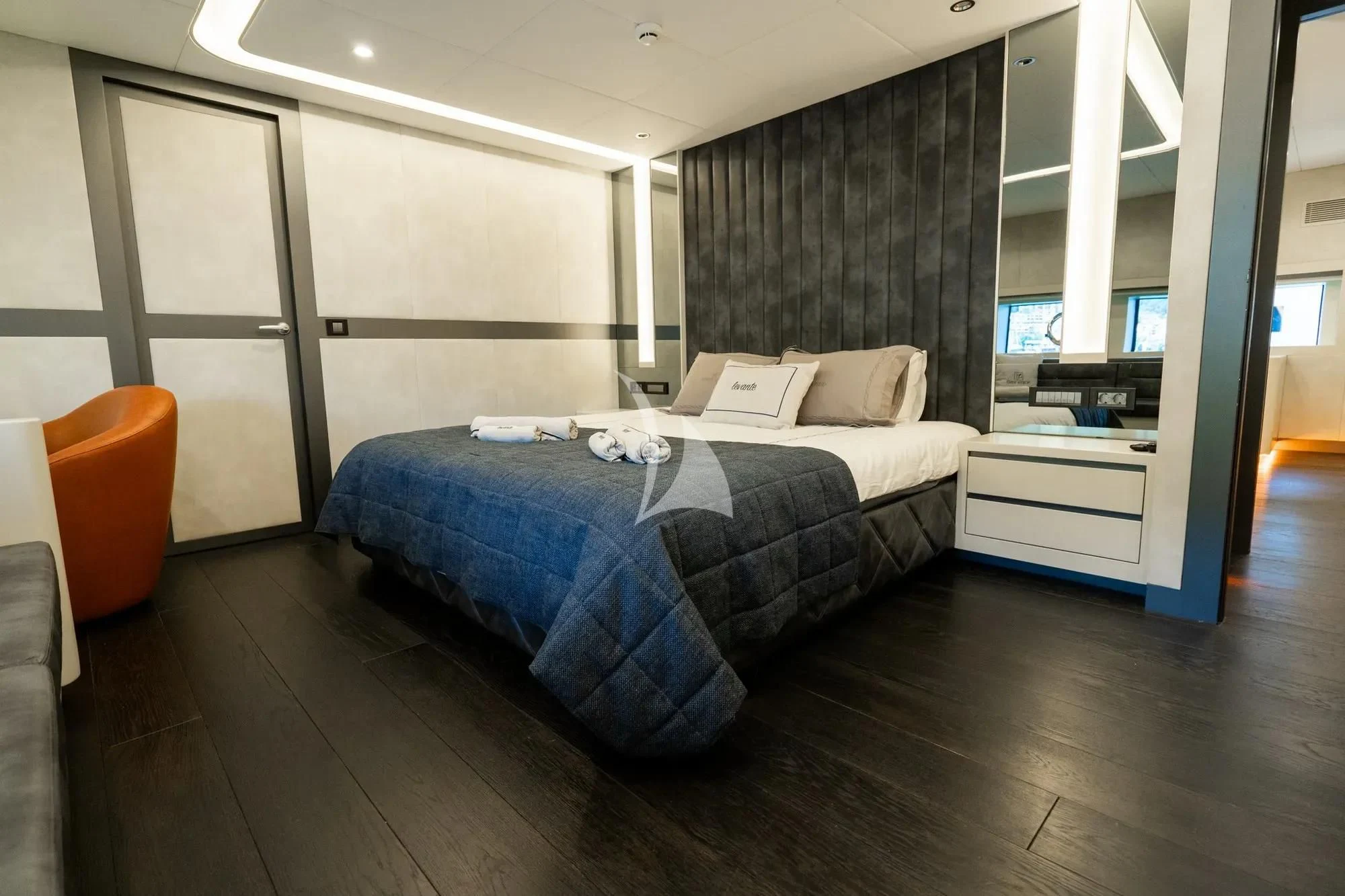 a bedroom with a large bed aboard NORTH WIND Yacht for Sale