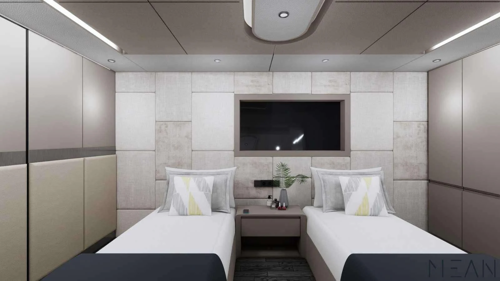 a room with white walls aboard NORTH WIND Yacht for Sale