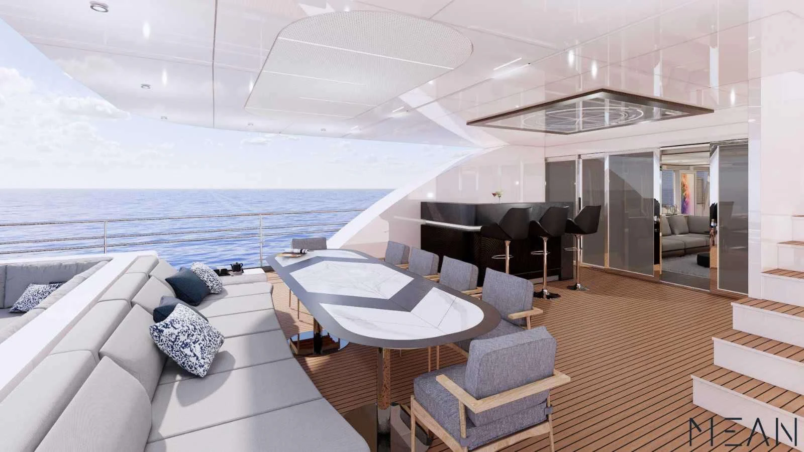 a room with a table and chairs aboard NORTH WIND Yacht for Sale