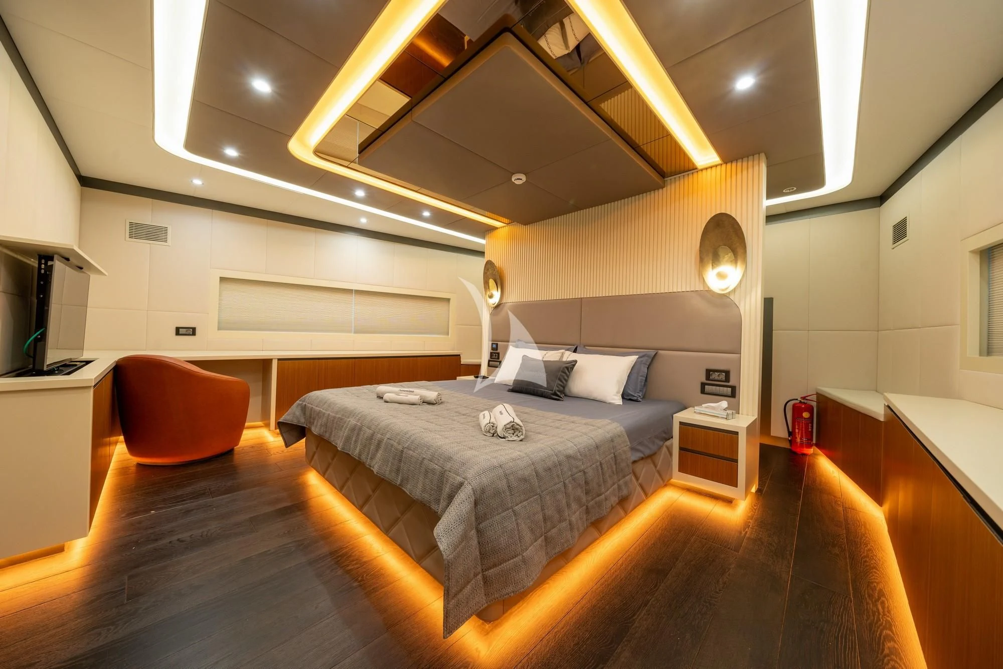 a bedroom with a large bed aboard NORTH WIND Yacht for Sale