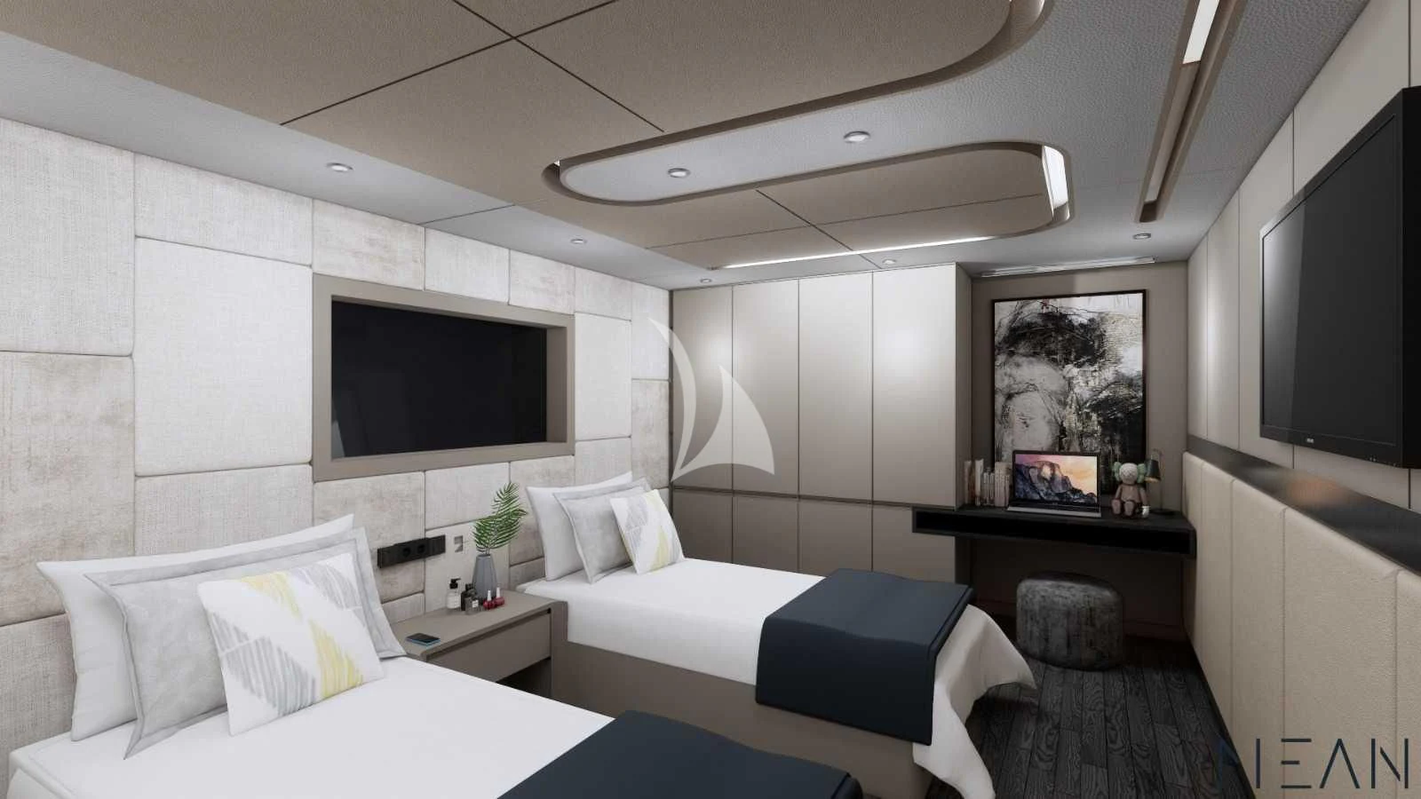 a room with two beds aboard NORTH WIND Yacht for Sale