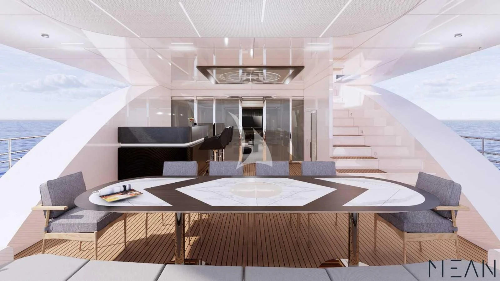 a room with a table and chairs aboard NORTH WIND Yacht for Sale