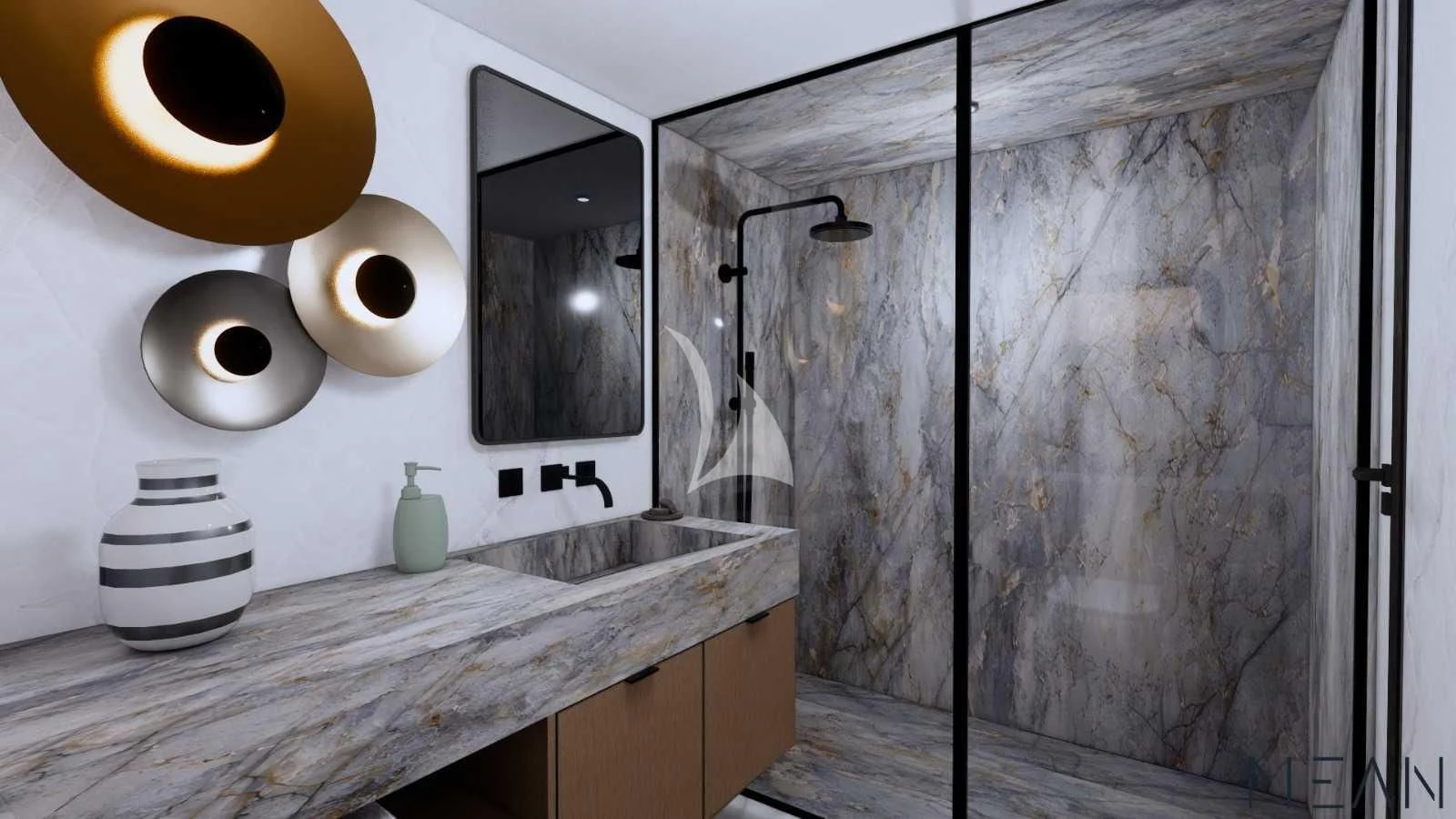 a bathroom with a large mirror aboard NORTH WIND Yacht for Sale