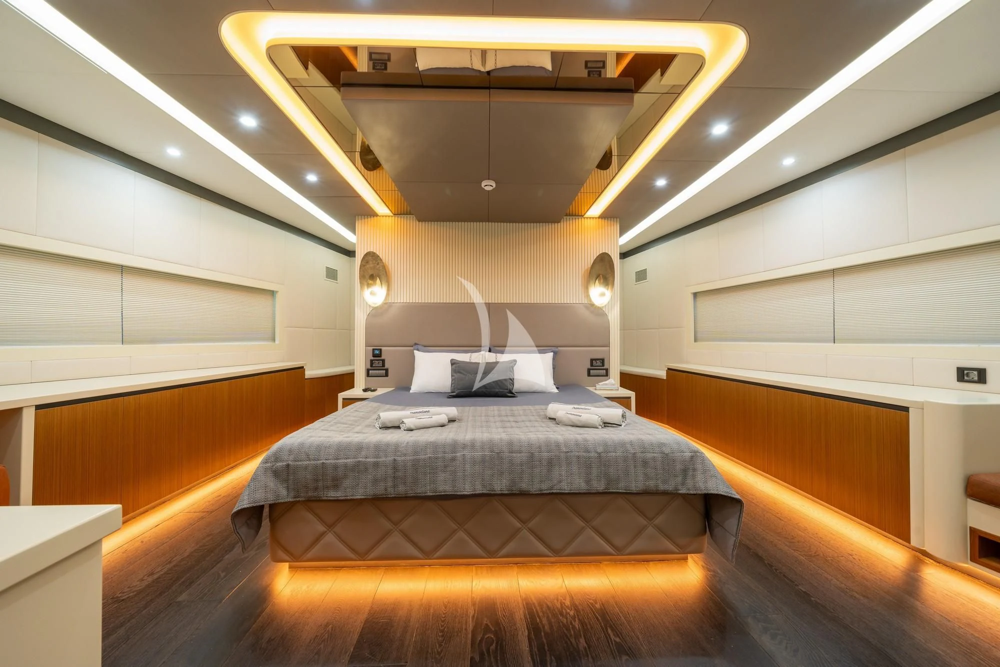 a bed in a room aboard NORTH WIND Yacht for Sale
