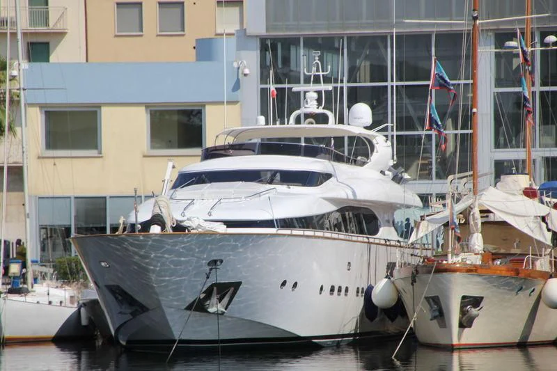 a group of boats are parked in a harbor aboard TABARIYA Yacht for Sale