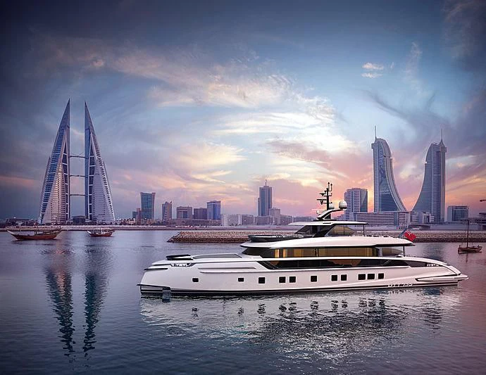 a boat in the water with a city in the background aboard STEFANIA Yacht for Sale