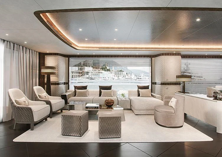 a living room with a large window aboard STEFANIA Yacht for Sale
