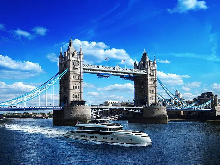 a boat sailing under a bridge aboard STEFANIA Yacht for Sale