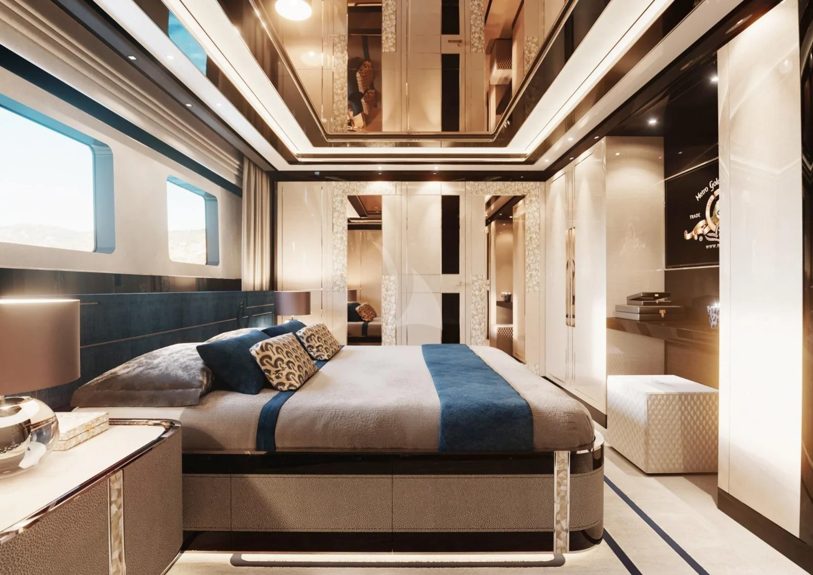 a bedroom with a bed and a desk aboard STEFANIA Yacht for Sale