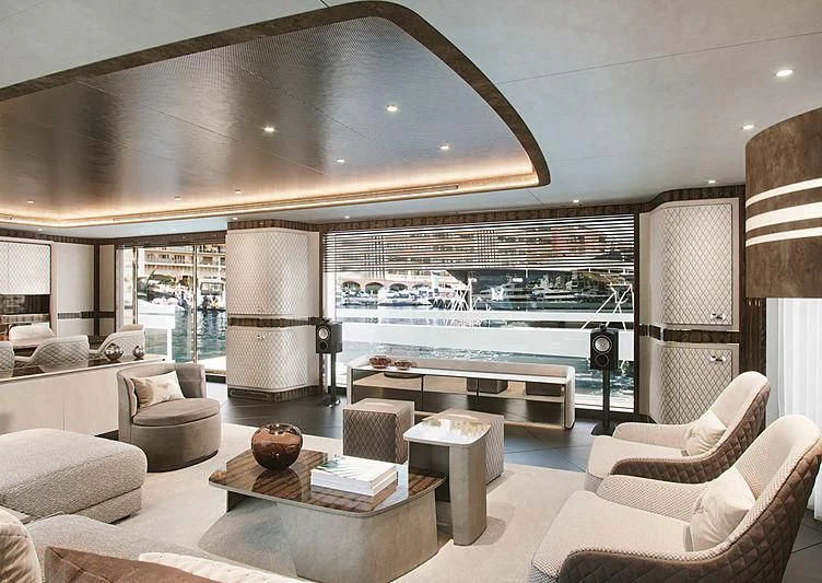 a living room with a large window aboard STEFANIA Yacht for Sale