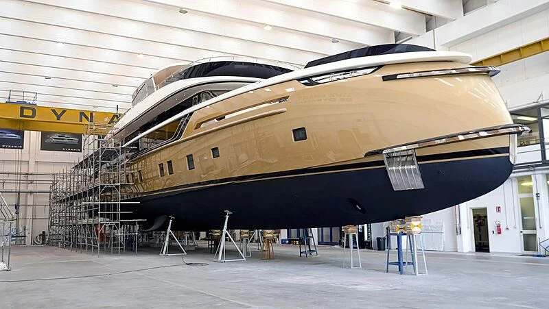 a large metal helicopter in a building aboard STEFANIA Yacht for Sale
