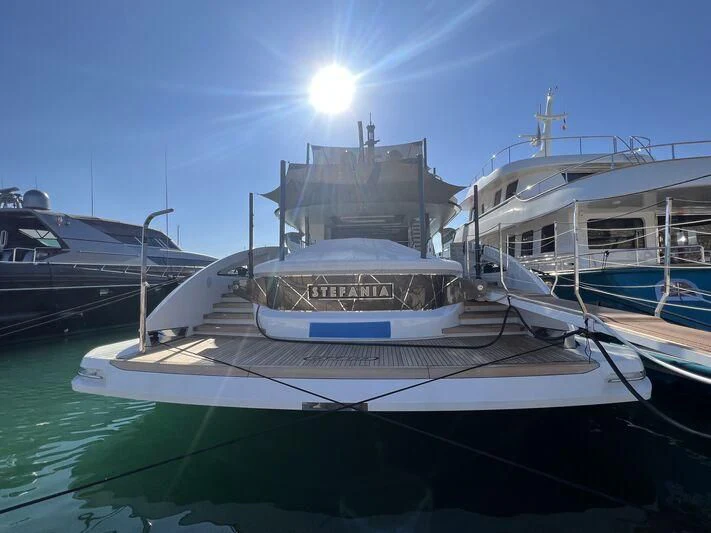 a boat docked at a pier aboard STEFANIA Yacht for Sale