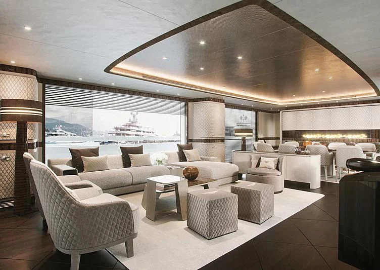 a large living room with a large glass ceiling aboard STEFANIA Yacht for Sale