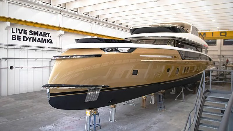 a large metal boat in a building aboard STEFANIA Yacht for Sale