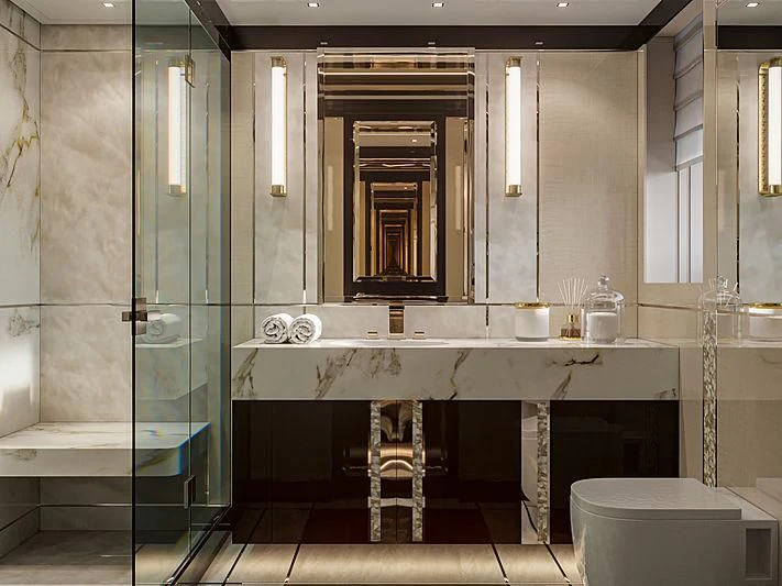 a bathroom with a glass shower aboard STEFANIA Yacht for Sale
