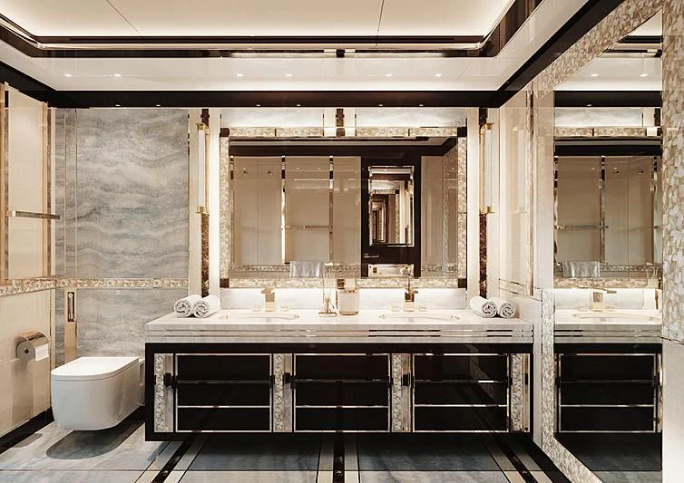 a bathroom with a large mirror aboard STEFANIA Yacht for Sale