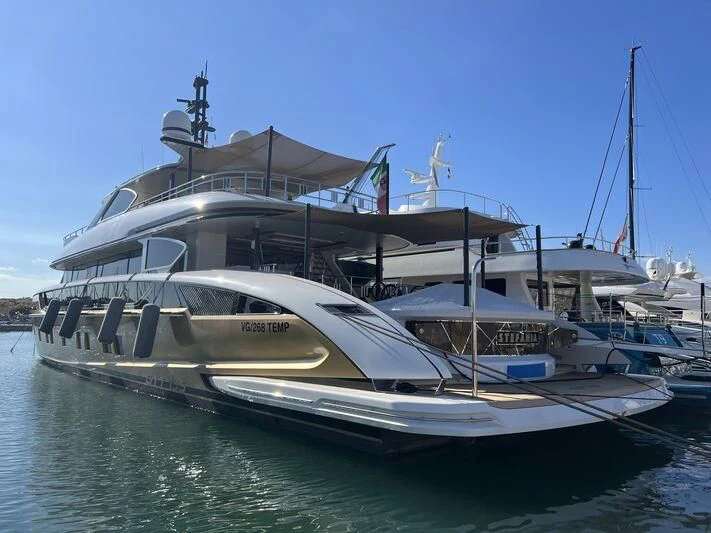 a boat docked at a pier aboard STEFANIA Yacht for Sale