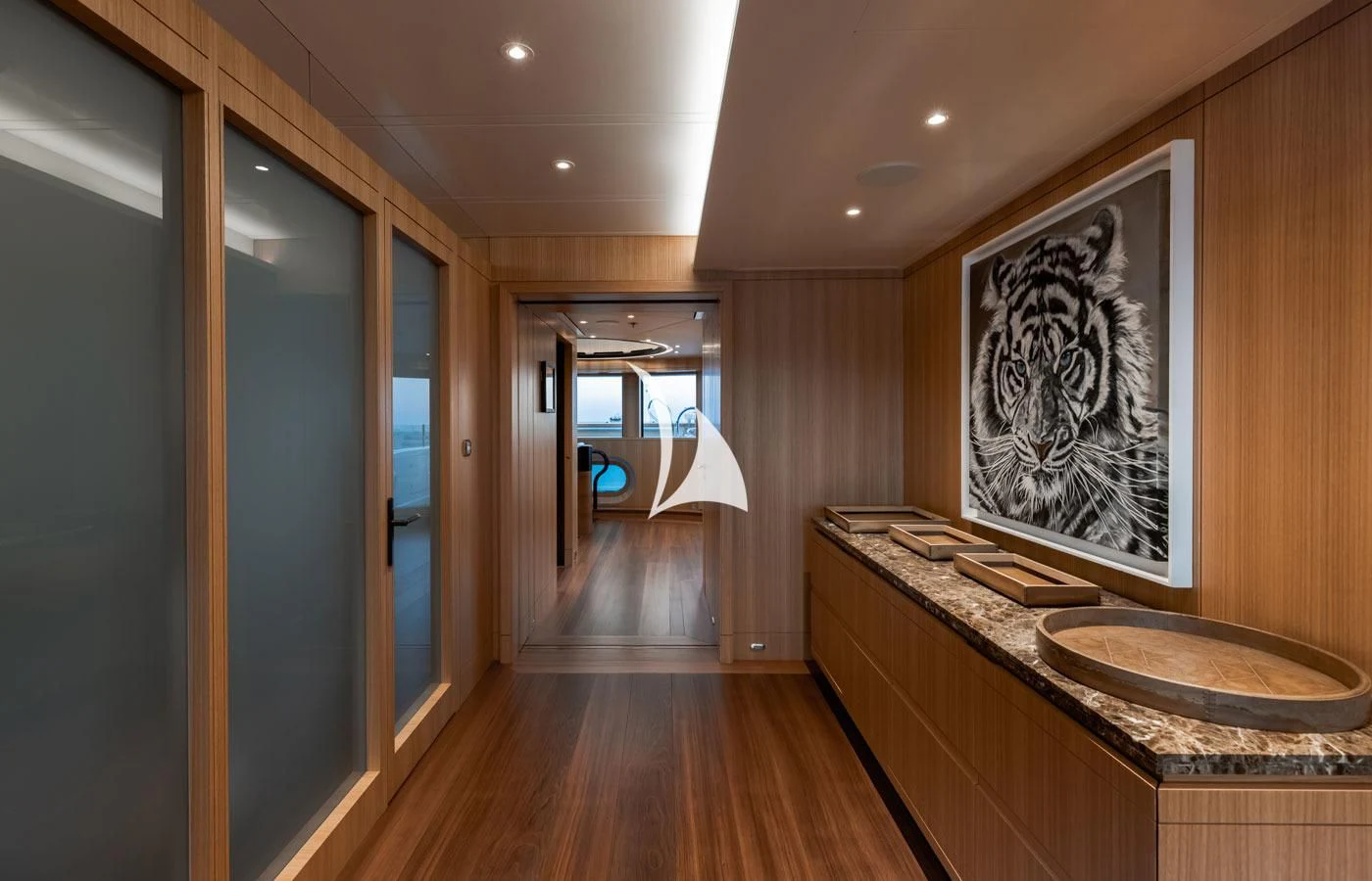 a bathroom with a large mirror aboard VENTUM MARIS Yacht for Charter