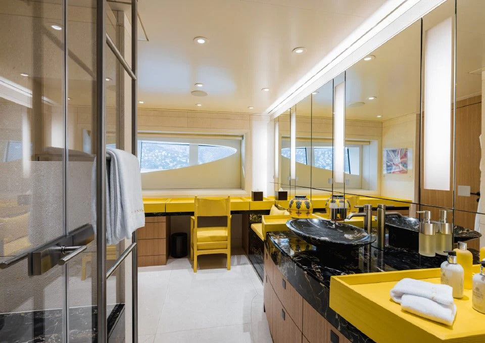 a kitchen with a large glass shower aboard VENTUM MARIS Yacht for Charter