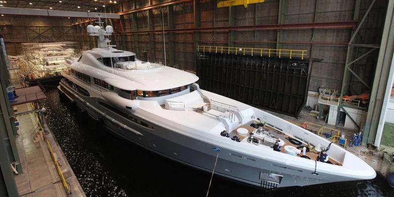 a large white boat in a large building aboard VENTUM MARIS Yacht for Charter