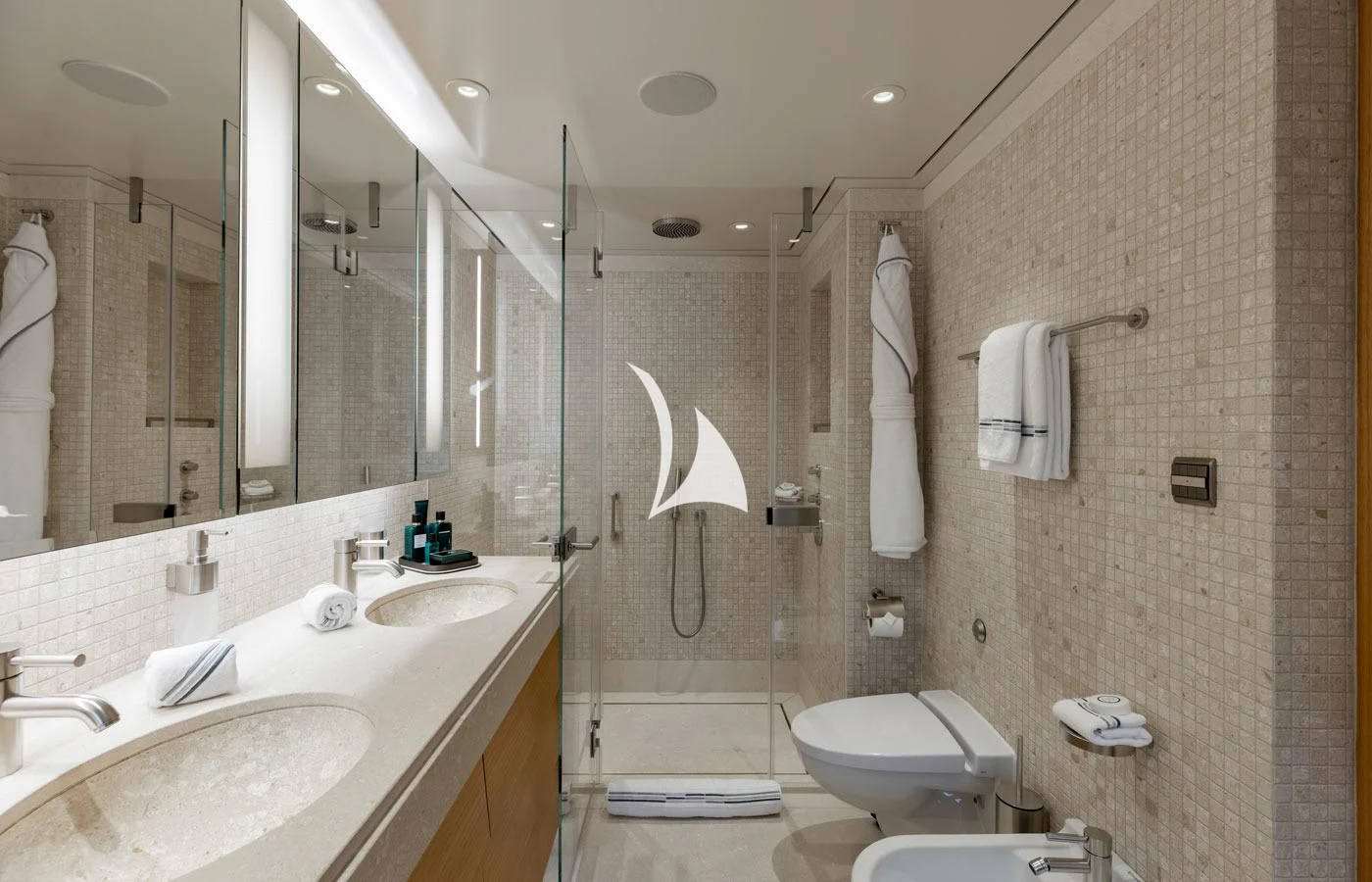 a bathroom with a glass shower aboard VENTUM MARIS Yacht for Charter