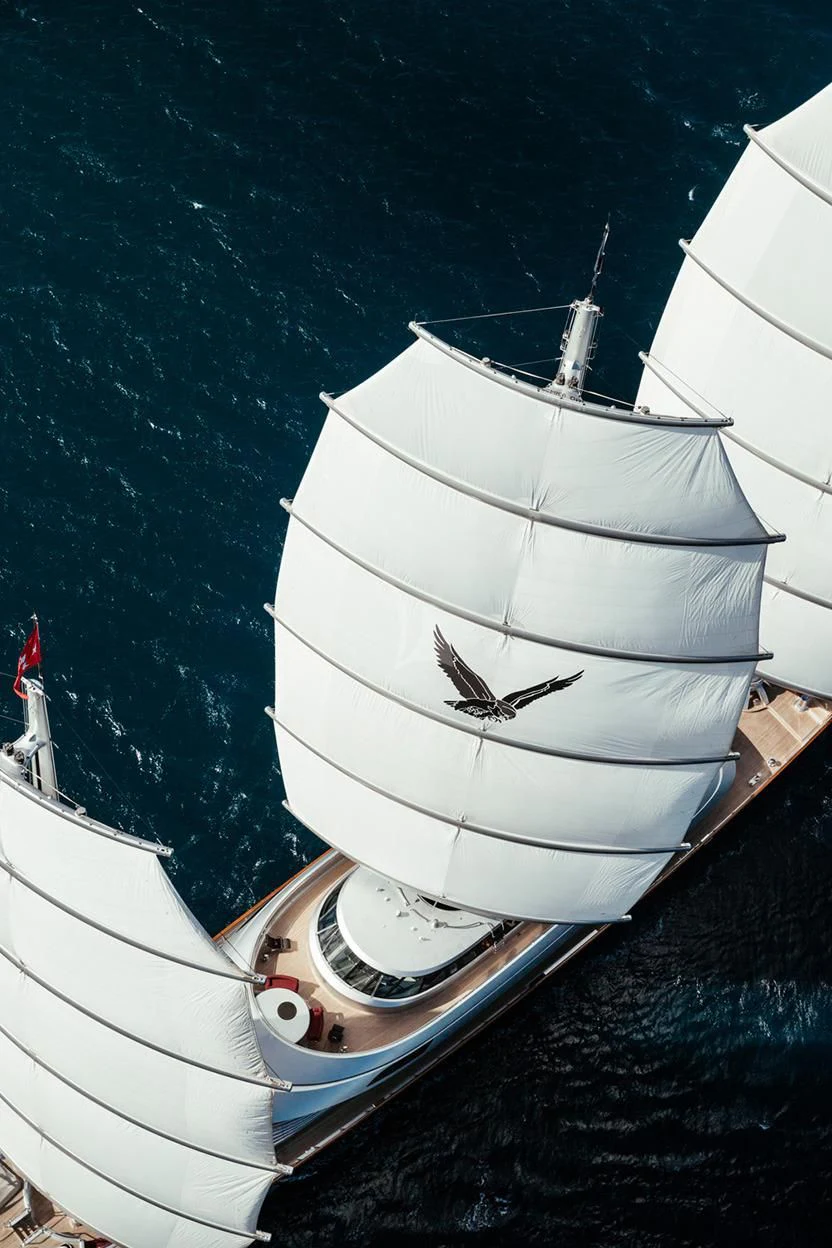 a boat with a bird on the front aboard MALTESE FALCON Yacht for Sale