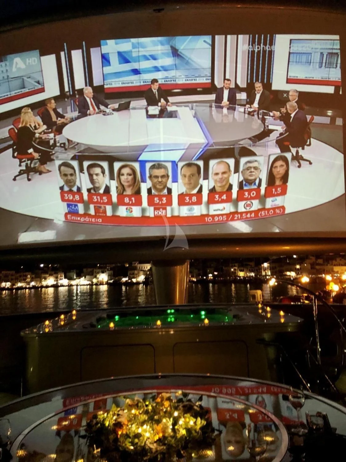 a television screen showing a group of people on a stage aboard MALTESE FALCON Yacht for Sale